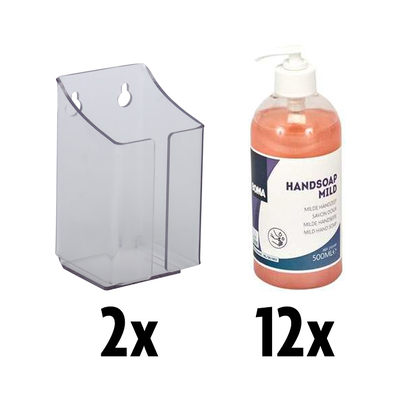 777945: Hygiënepakket 4: 2 x wandhouder voor fles met pomp + 12 x 500 ml Handsoap Mild